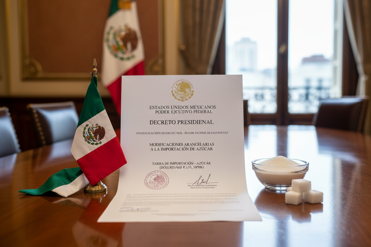 Una imagen realista sobre el anuncio de presidencia sobre DECRETO por el que se modifica la Tarifa de la Ley de los Impuestos Generales de Importación y de Exportación, en donde se modifica el arancel a la importación de azúcar de 0.36, 0.338 y 0.39586 dólares por kilogramo en México 